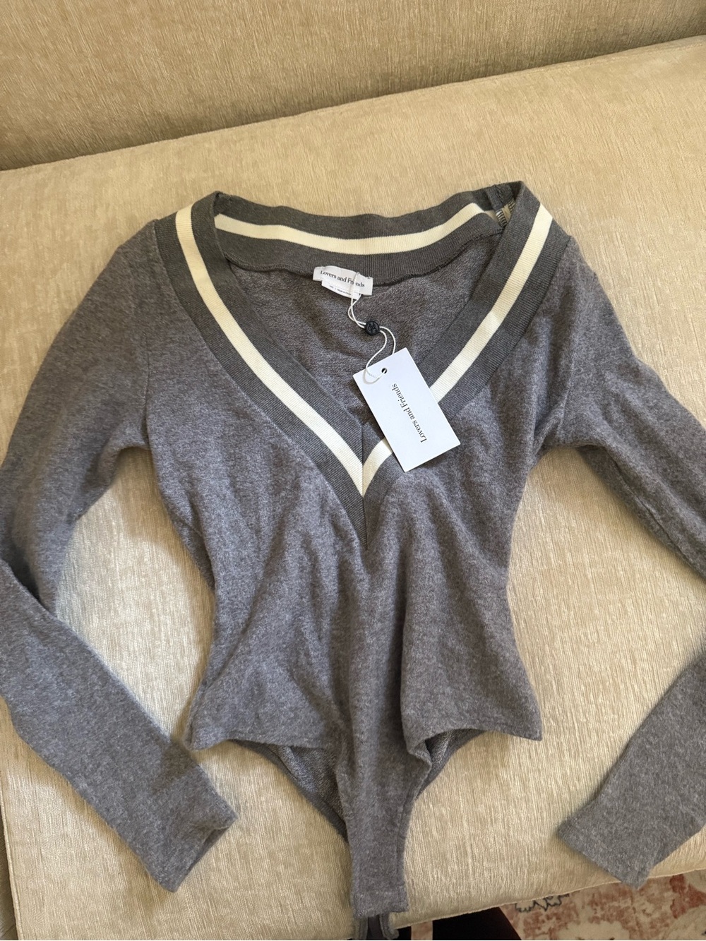 Lovers + Friends Gray V-Neck Bodysuit with Ivory Stripe